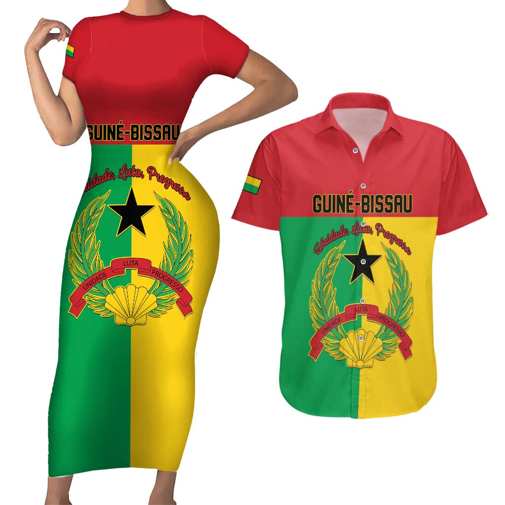 Personalized Guinea-Bissau Couples Matching Short Sleeve Bodycon Dress and Hawaiian Shirt Coat Of Arms Flag Style - Wonder Print Shop