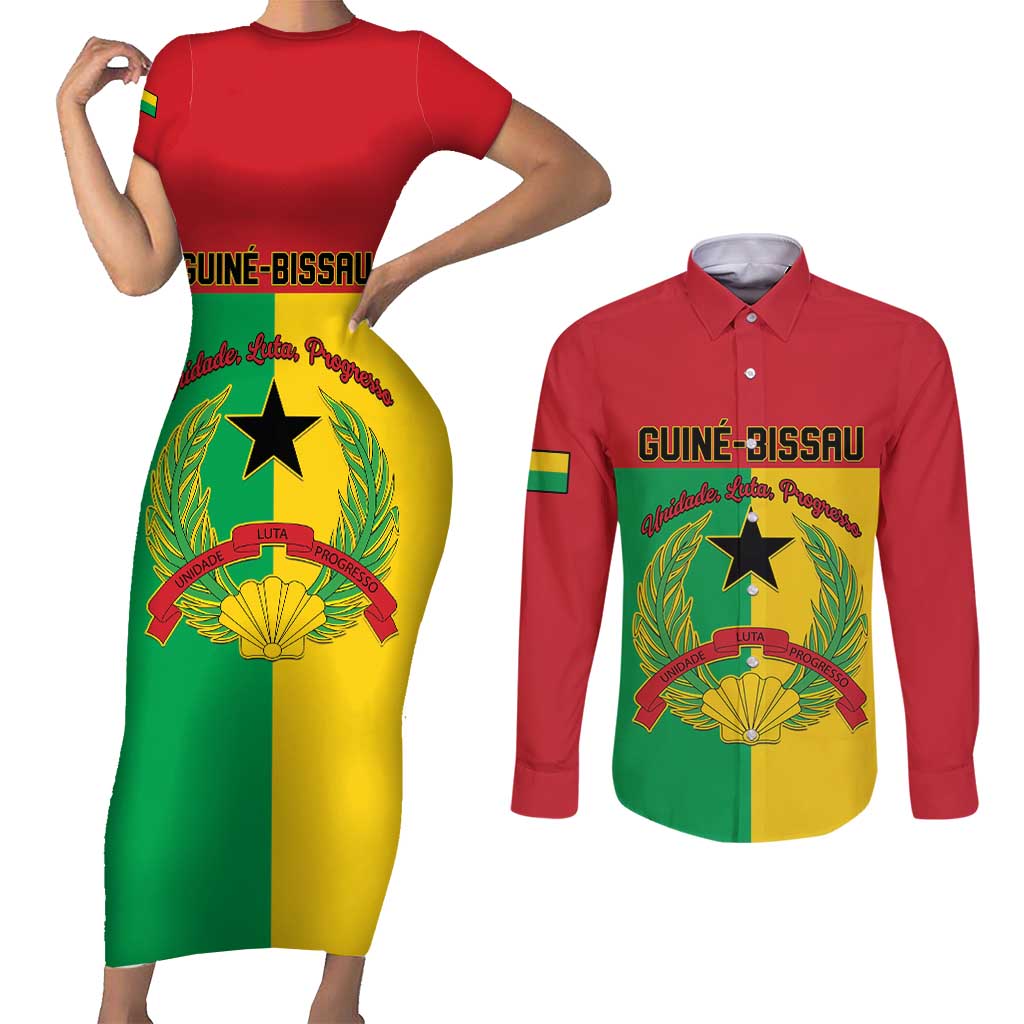 Personalized Guinea-Bissau Couples Matching Short Sleeve Bodycon Dress and Long Sleeve Button Shirt Coat Of Arms Flag Style - Wonder Print Shop