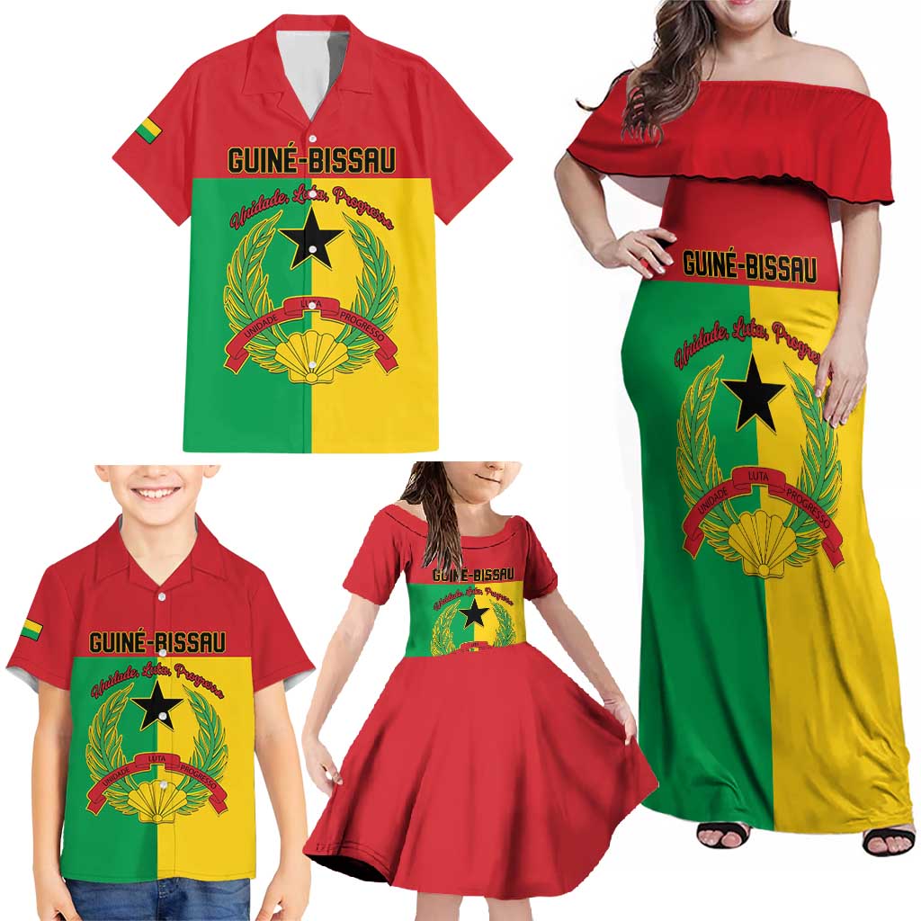 Personalized Guinea-Bissau Family Matching Off Shoulder Maxi Dress and Hawaiian Shirt Coat Of Arms Flag Style - Wonder Print Shop