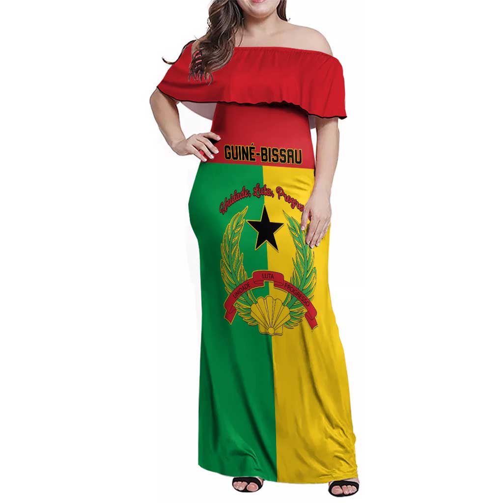 Personalized Guinea-Bissau Family Matching Off Shoulder Maxi Dress and Hawaiian Shirt Coat Of Arms Flag Style - Wonder Print Shop