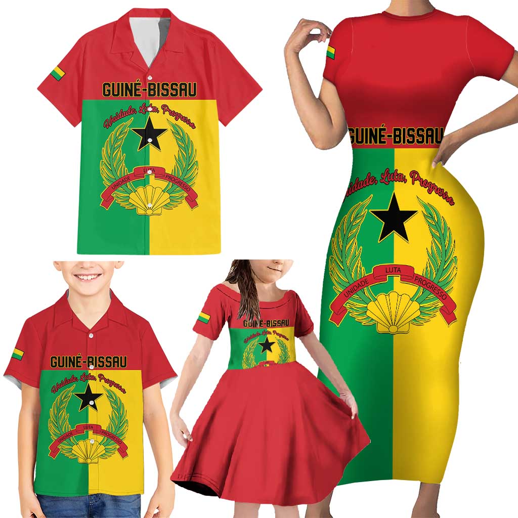 Personalized Guinea-Bissau Family Matching Short Sleeve Bodycon Dress and Hawaiian Shirt Coat Of Arms Flag Style - Wonder Print Shop