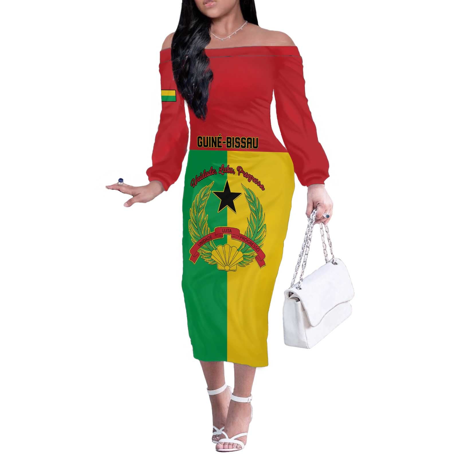 Personalized Guinea-Bissau Off The Shoulder Long Sleeve Dress Coat Of Arms Flag Style - Wonder Print Shop