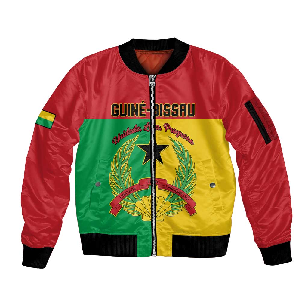 Personalized Guinea-Bissau Sleeve Zip Bomber Jacket Coat Of Arms Flag Style - Wonder Print Shop