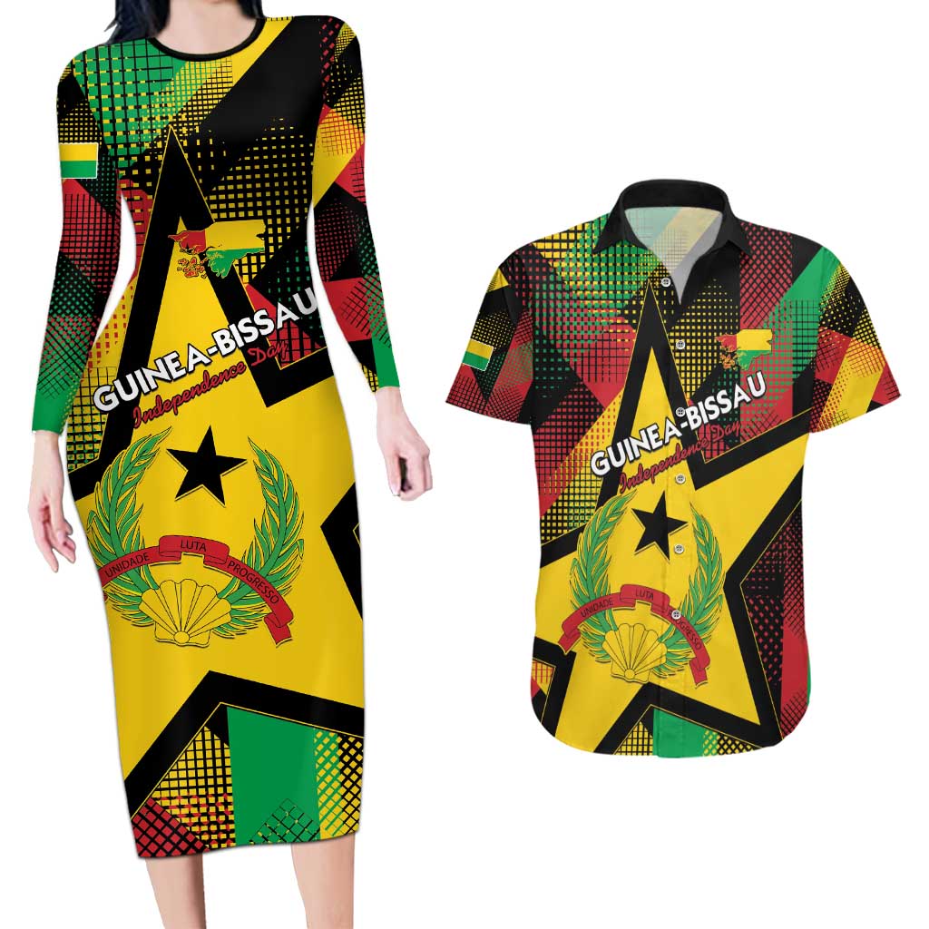 Personalized Guinea-Bissau Independence Day Couples Matching Long Sleeve Bodycon Dress and Hawaiian Shirt Coat Of Arms With Map - Wonder Print Shop