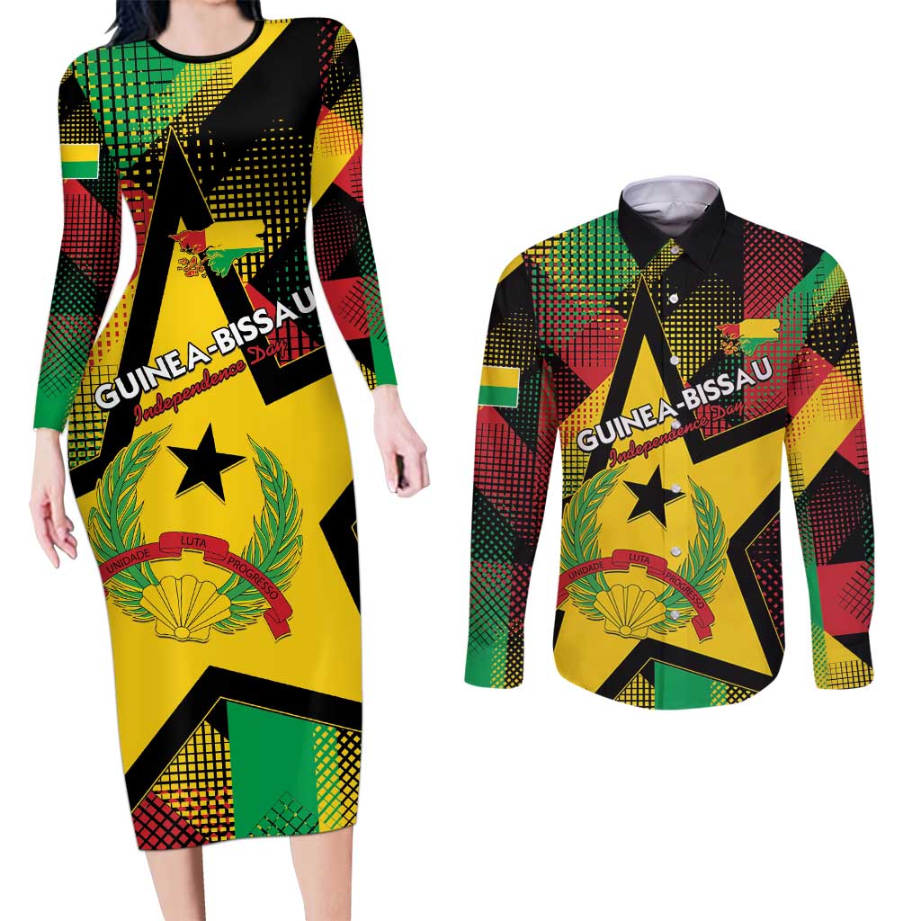 Personalized Guinea-Bissau Independence Day Couples Matching Long Sleeve Bodycon Dress and Long Sleeve Button Shirt Coat Of Arms With Map - Wonder Print Shop