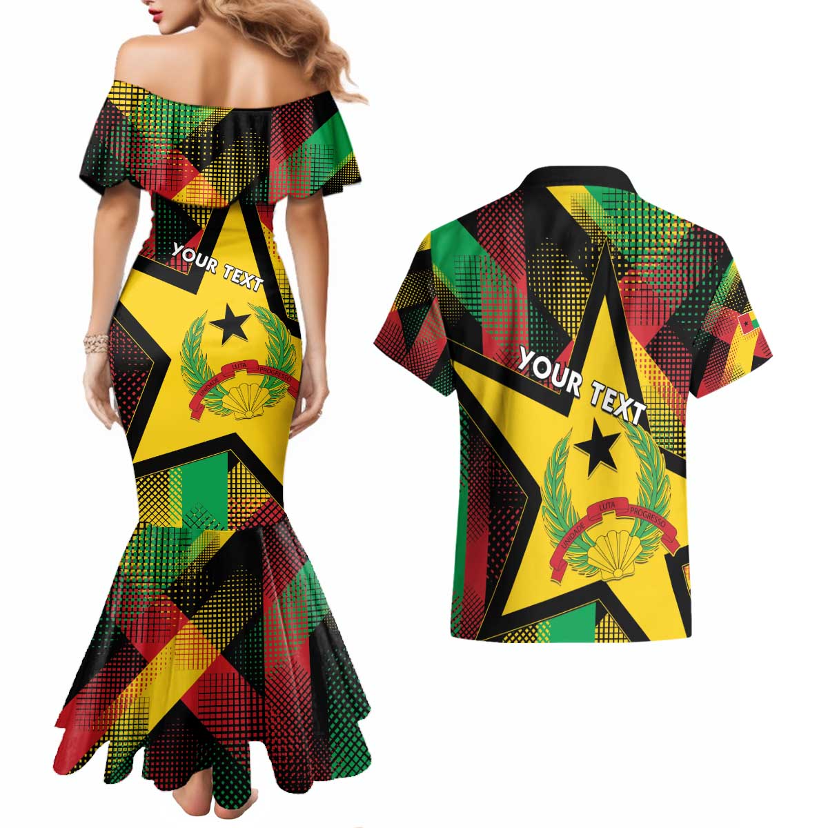 Personalized Guinea-Bissau Independence Day Couples Matching Mermaid Dress and Hawaiian Shirt Coat Of Arms With Map - Wonder Print Shop