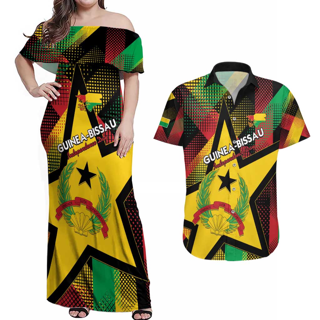 Personalized Guinea-Bissau Independence Day Couples Matching Off Shoulder Maxi Dress and Hawaiian Shirt Coat Of Arms With Map - Wonder Print Shop