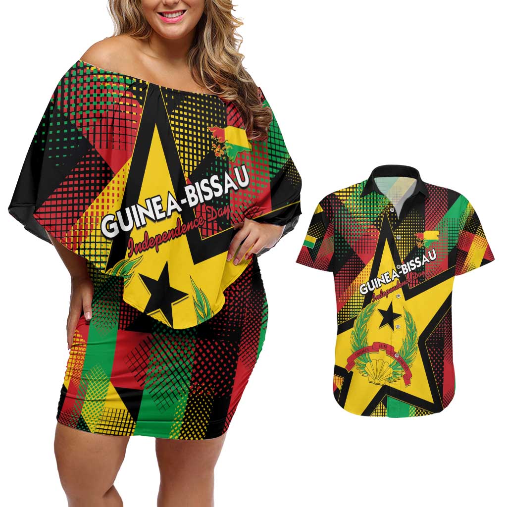 Personalized Guinea-Bissau Independence Day Couples Matching Off Shoulder Short Dress and Hawaiian Shirt Coat Of Arms With Map - Wonder Print Shop