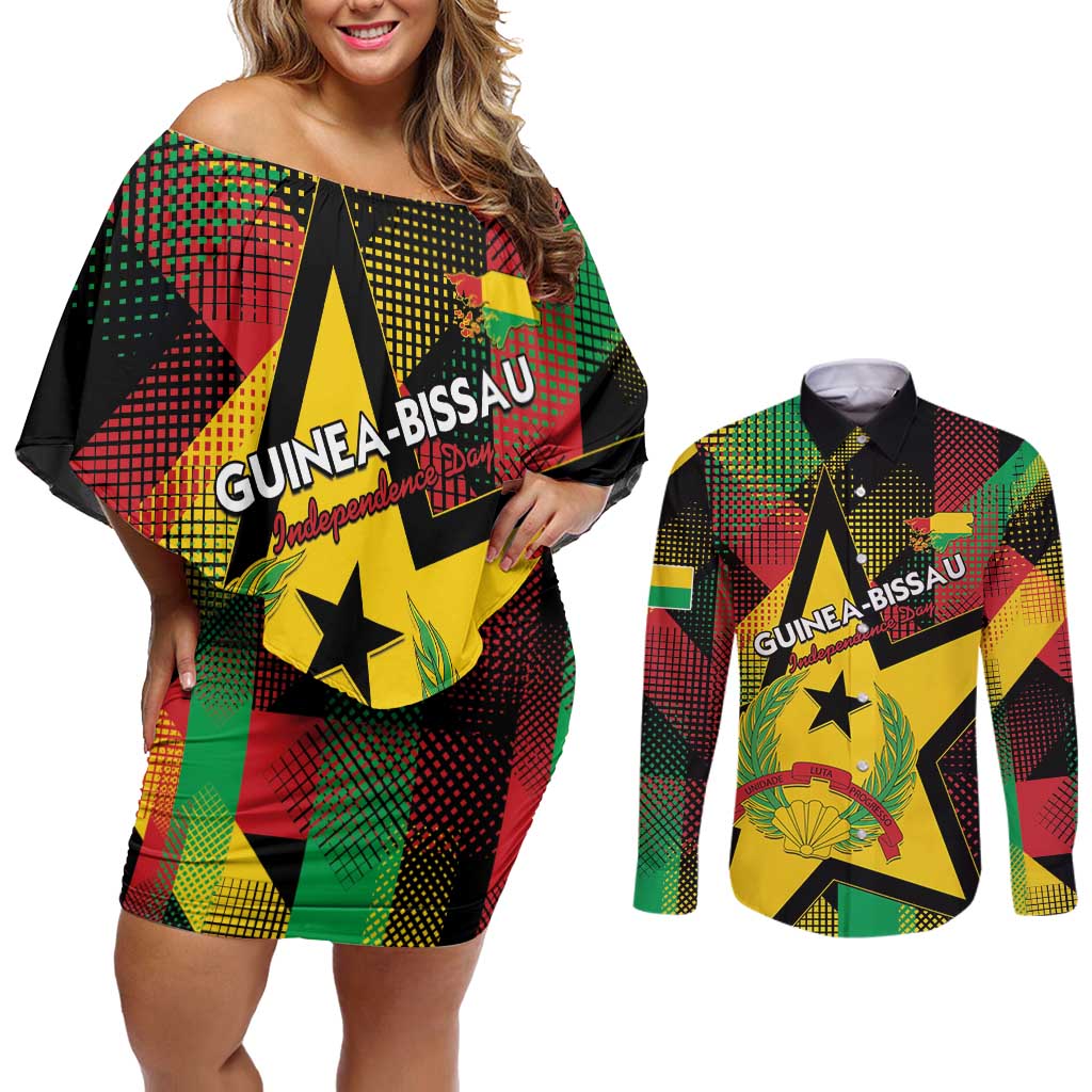 Personalized Guinea-Bissau Independence Day Couples Matching Off Shoulder Short Dress and Long Sleeve Button Shirt Coat Of Arms With Map - Wonder Print Shop
