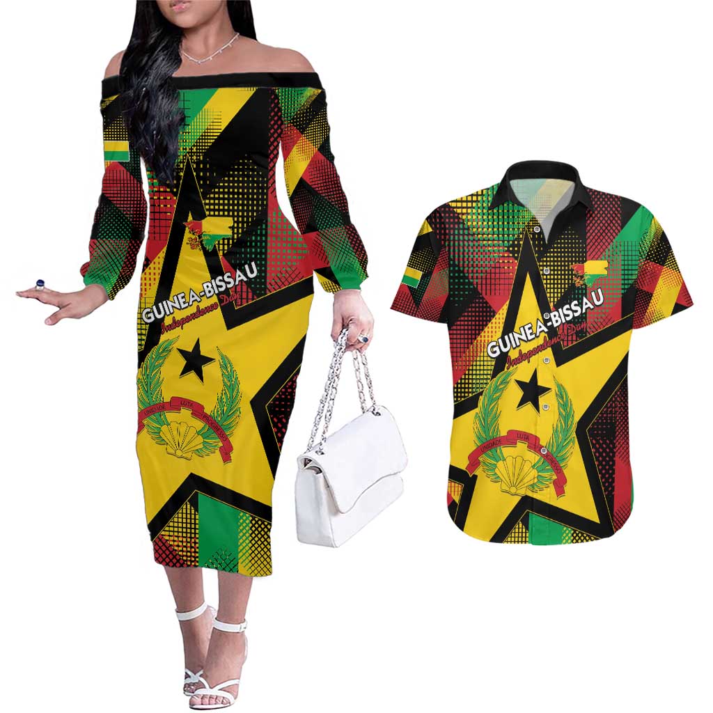 Personalized Guinea-Bissau Independence Day Couples Matching Off The Shoulder Long Sleeve Dress and Hawaiian Shirt Coat Of Arms With Map - Wonder Print Shop