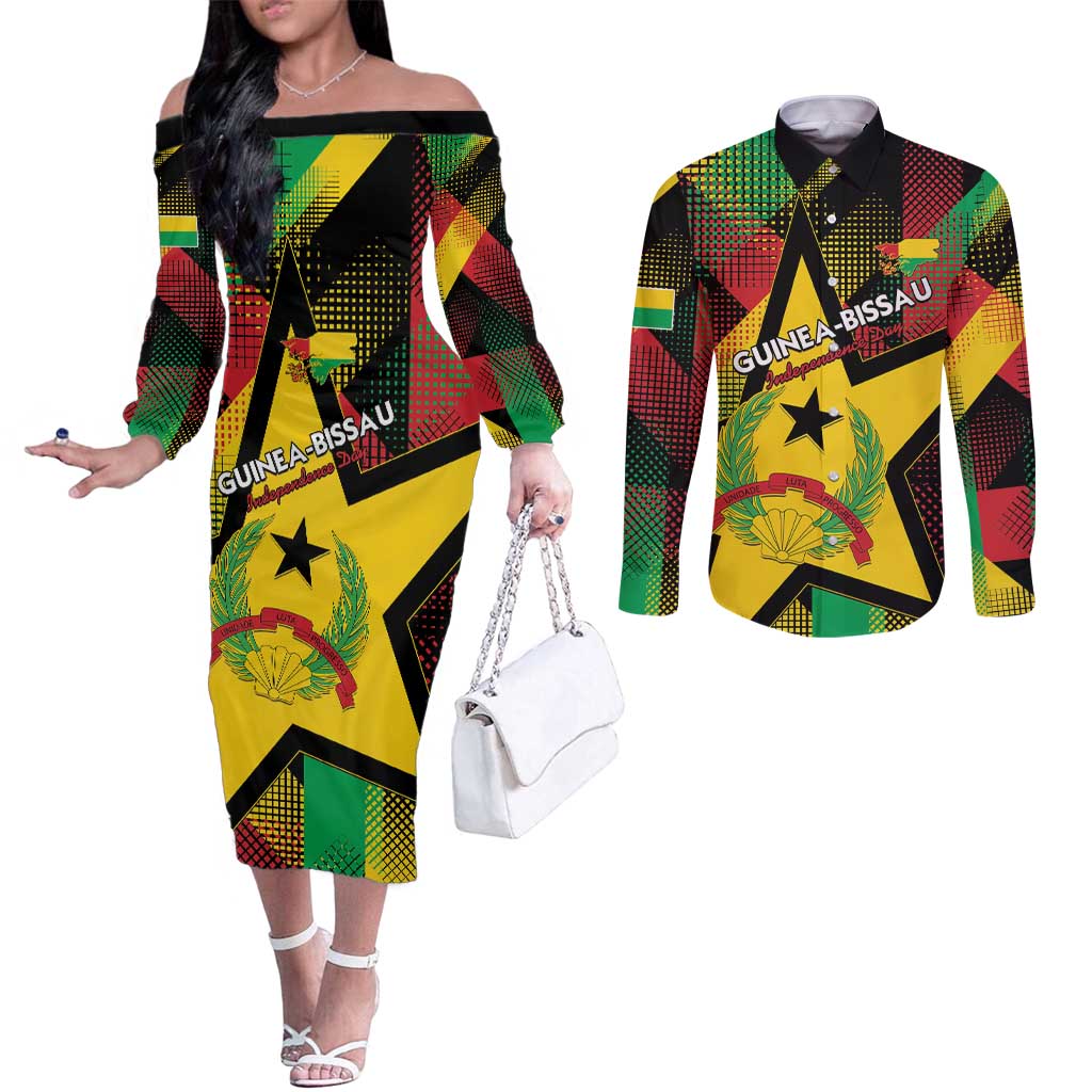 Personalized Guinea-Bissau Independence Day Couples Matching Off The Shoulder Long Sleeve Dress and Long Sleeve Button Shirt Coat Of Arms With Map - Wonder Print Shop