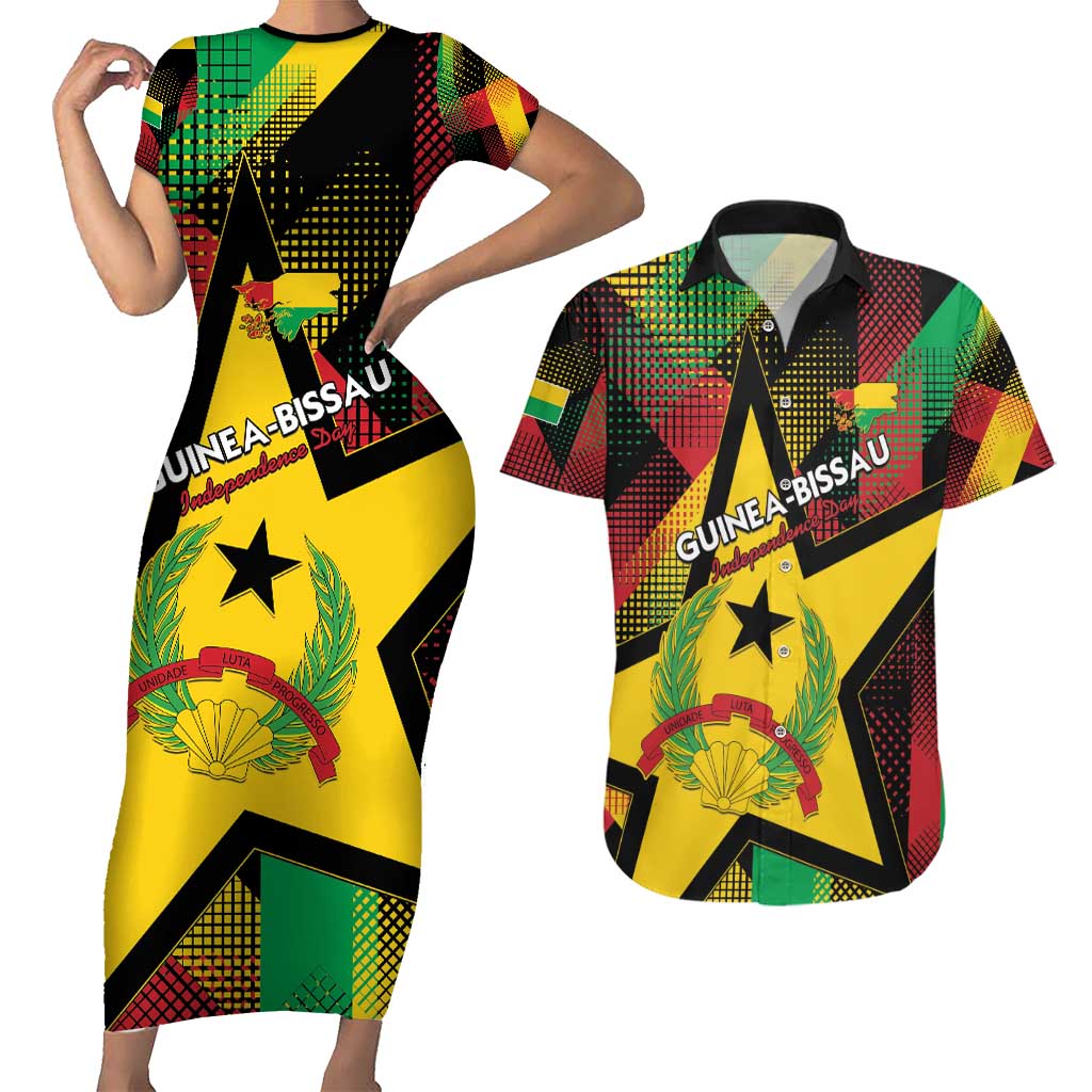 Personalized Guinea-Bissau Independence Day Couples Matching Short Sleeve Bodycon Dress and Hawaiian Shirt Coat Of Arms With Map - Wonder Print Shop