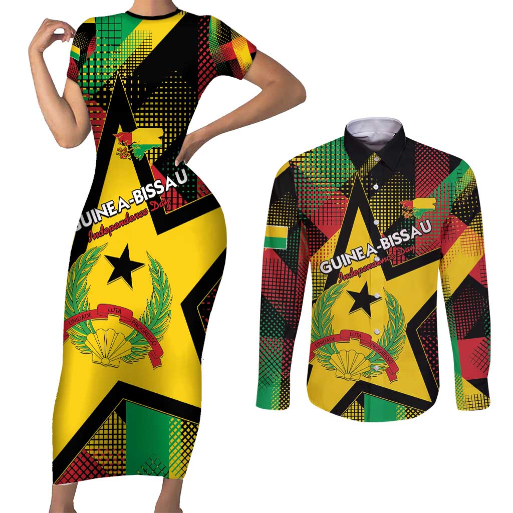 Personalized Guinea-Bissau Independence Day Couples Matching Short Sleeve Bodycon Dress and Long Sleeve Button Shirt Coat Of Arms With Map - Wonder Print Shop