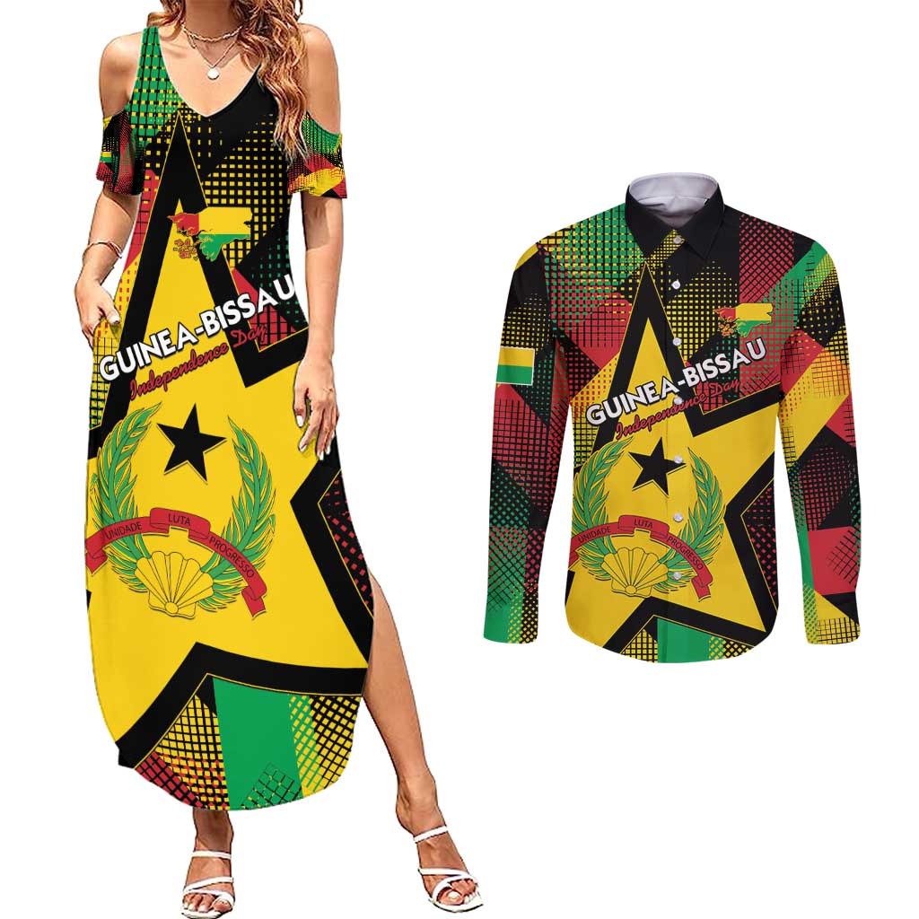 Personalized Guinea-Bissau Independence Day Couples Matching Summer Maxi Dress and Long Sleeve Button Shirt Coat Of Arms With Map - Wonder Print Shop