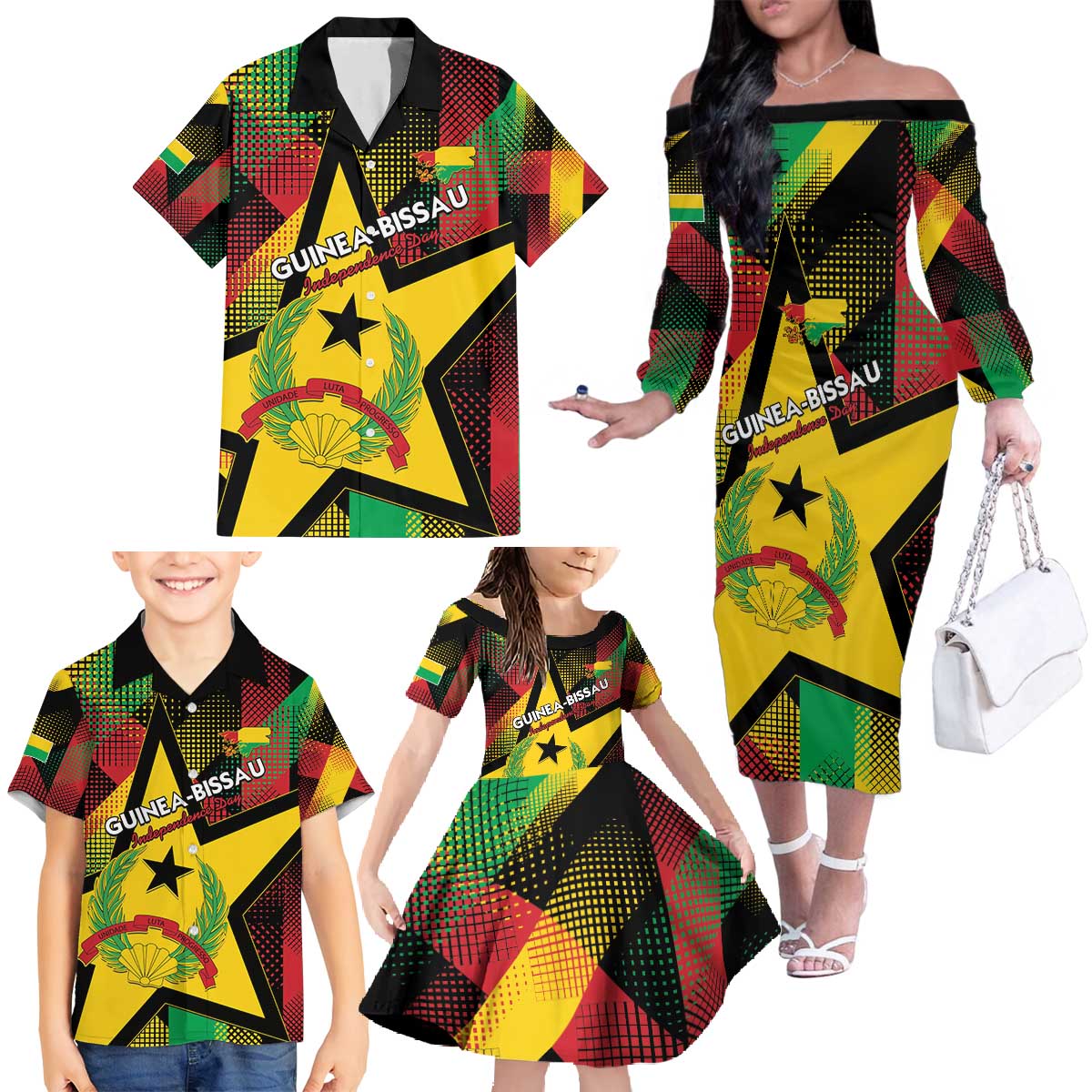 Personalized Guinea-Bissau Independence Day Family Matching Off The Shoulder Long Sleeve Dress and Hawaiian Shirt Coat Of Arms With Map - Wonder Print Shop