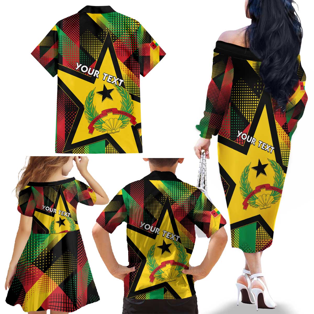 Personalized Guinea-Bissau Independence Day Family Matching Off The Shoulder Long Sleeve Dress and Hawaiian Shirt Coat Of Arms With Map - Wonder Print Shop