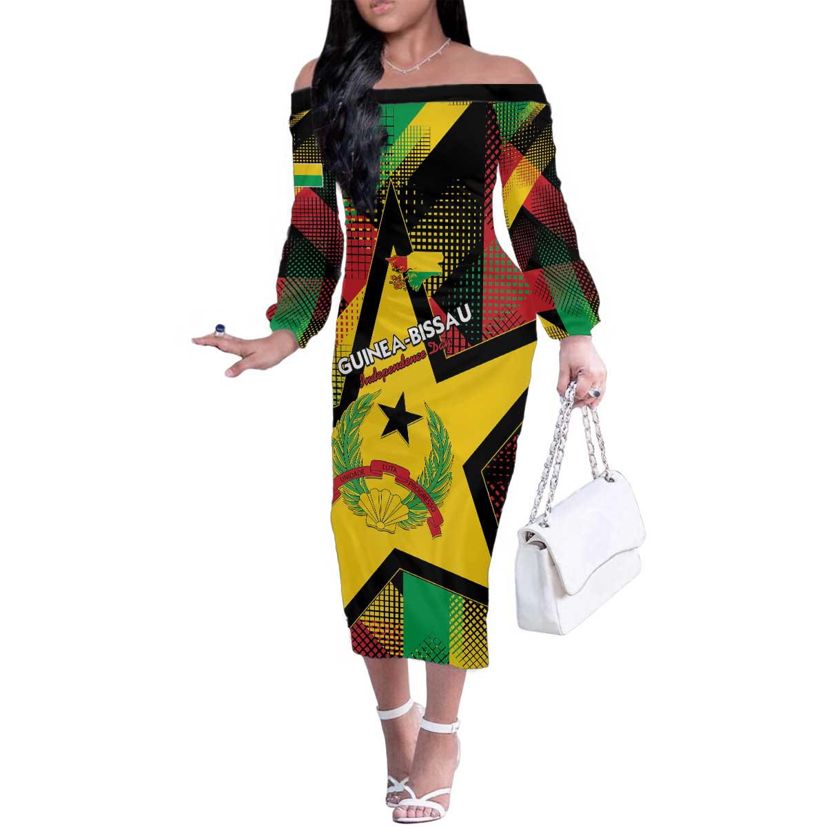 Personalized Guinea-Bissau Independence Day Family Matching Off The Shoulder Long Sleeve Dress and Hawaiian Shirt Coat Of Arms With Map - Wonder Print Shop