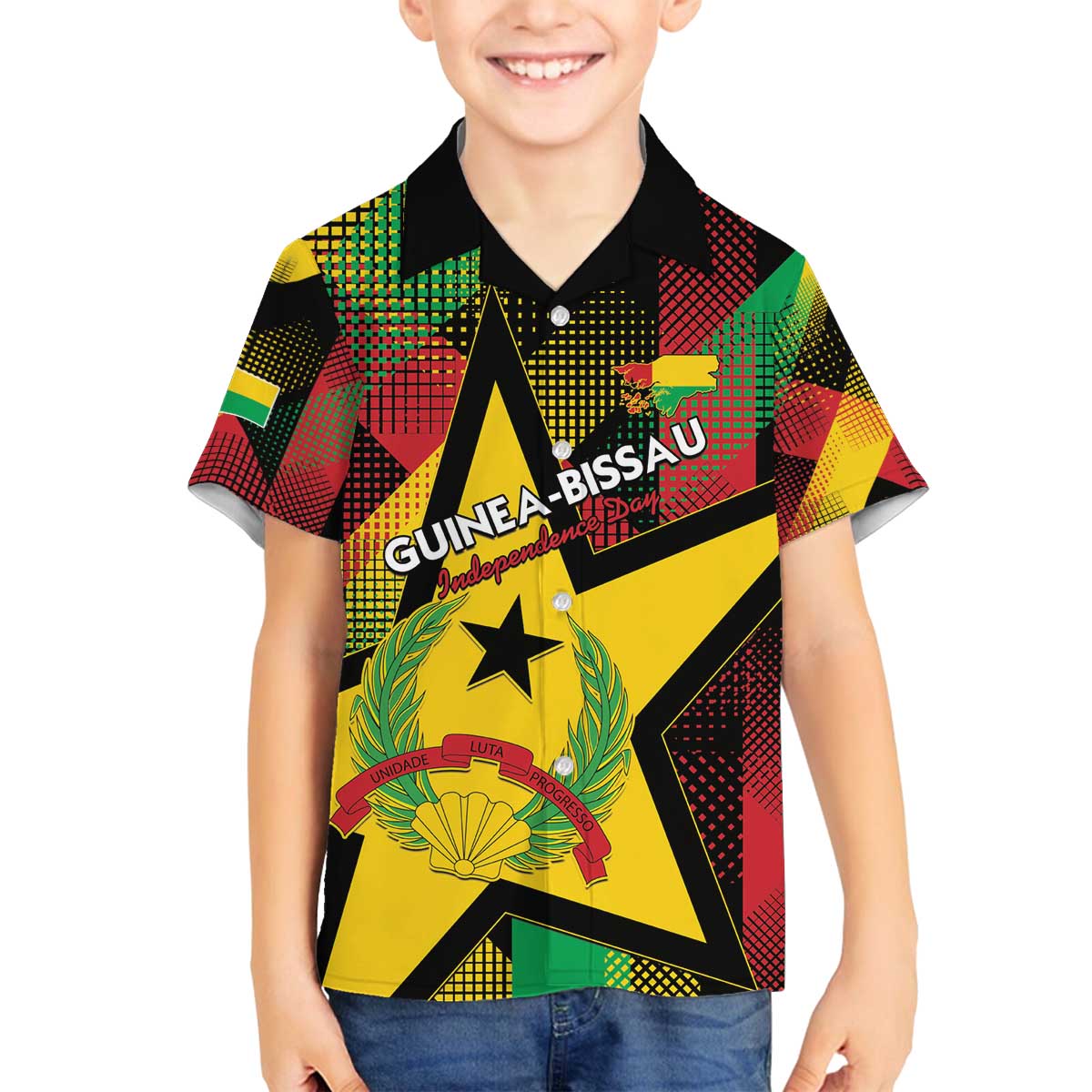 Personalized Guinea-Bissau Independence Day Family Matching Off The Shoulder Long Sleeve Dress and Hawaiian Shirt Coat Of Arms With Map - Wonder Print Shop