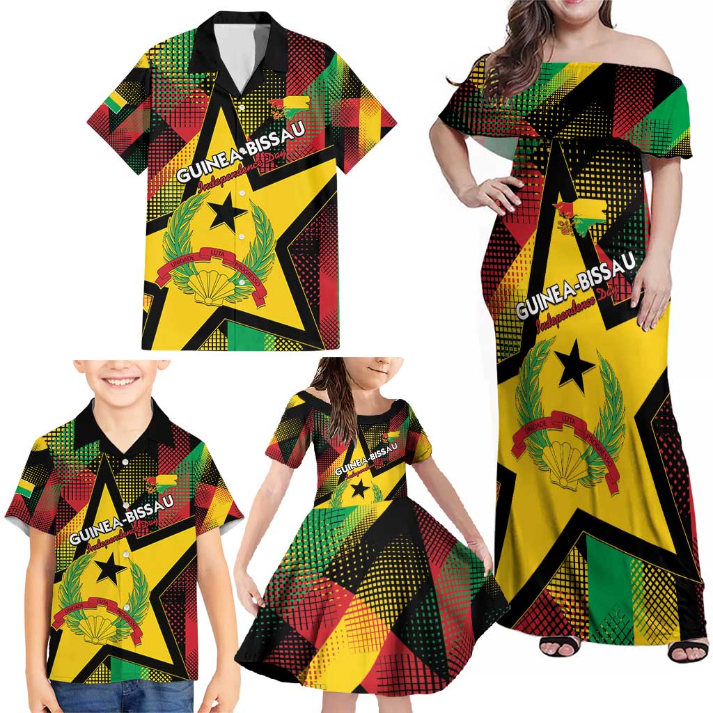 Personalized Guinea-Bissau Independence Day Family Matching Off Shoulder Maxi Dress and Hawaiian Shirt Coat Of Arms With Map - Wonder Print Shop