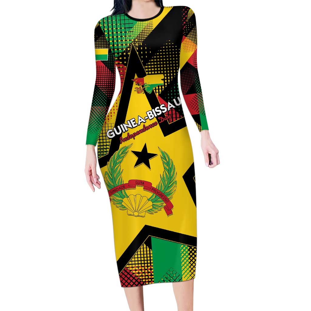 Personalized Guinea-Bissau Independence Day Long Sleeve Bodycon Dress Coat Of Arms With Map - Wonder Print Shop