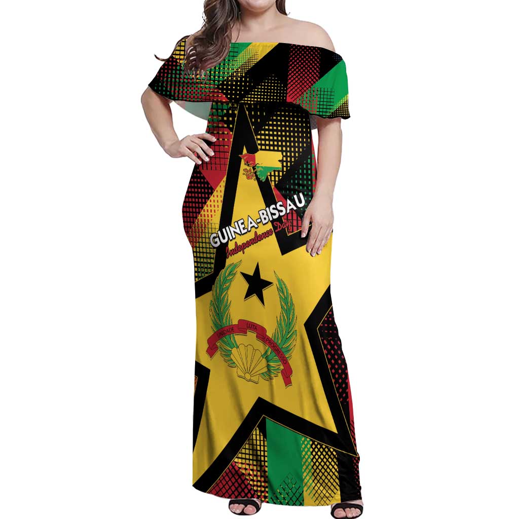 Personalized Guinea-Bissau Independence Day Off Shoulder Maxi Dress Coat Of Arms With Map - Wonder Print Shop