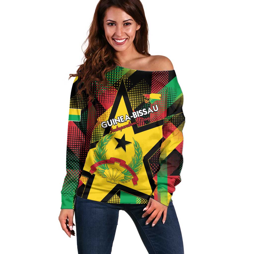 Personalized Guinea-Bissau Independence Day Off Shoulder Sweater Coat Of Arms With Map - Wonder Print Shop