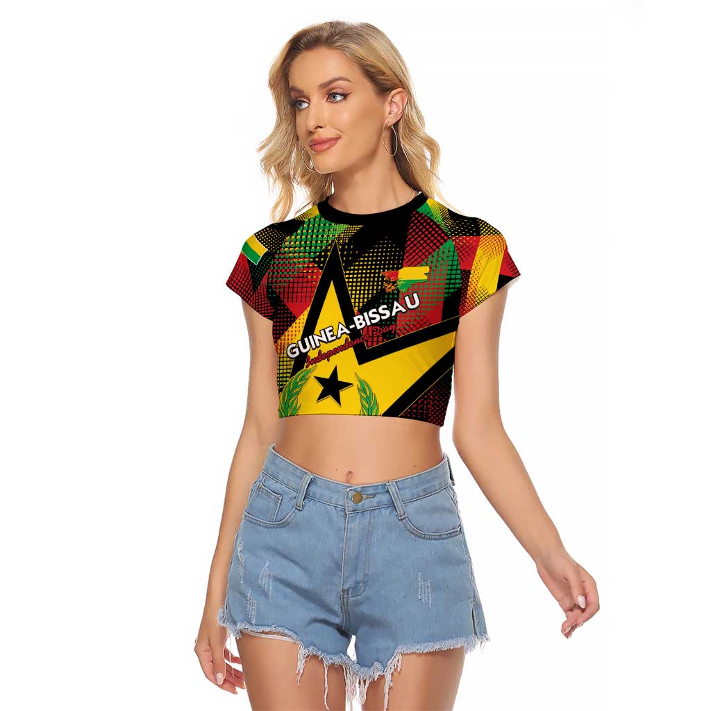Personalized Guinea-Bissau Independence Day Raglan Cropped T Shirt Coat Of Arms With Map - Wonder Print Shop