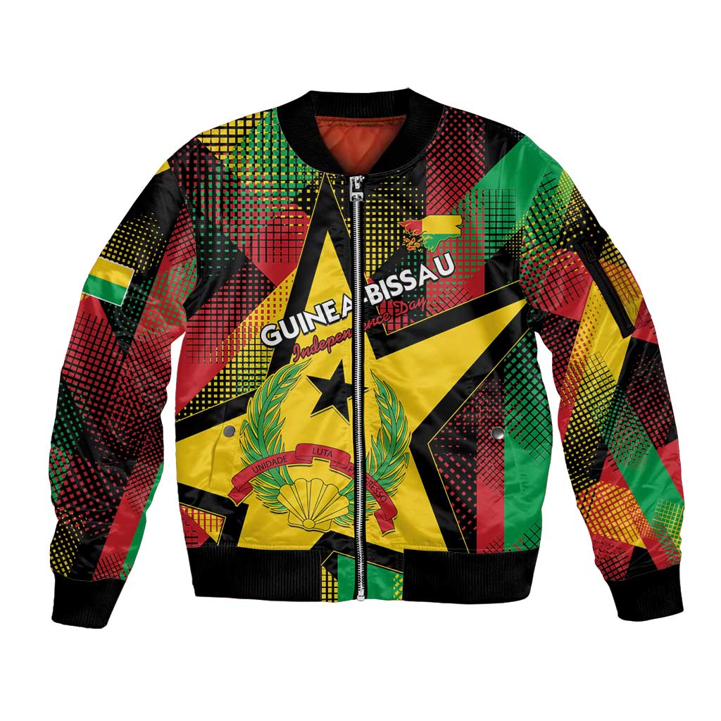 Personalized Guinea-Bissau Independence Day Sleeve Zip Bomber Jacket Coat Of Arms With Map - Wonder Print Shop