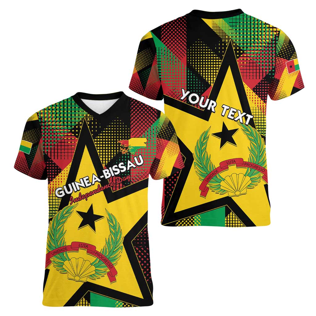 Personalized Guinea-Bissau Independence Day Women V-Neck T-Shirt Coat Of Arms With Map - Wonder Print Shop