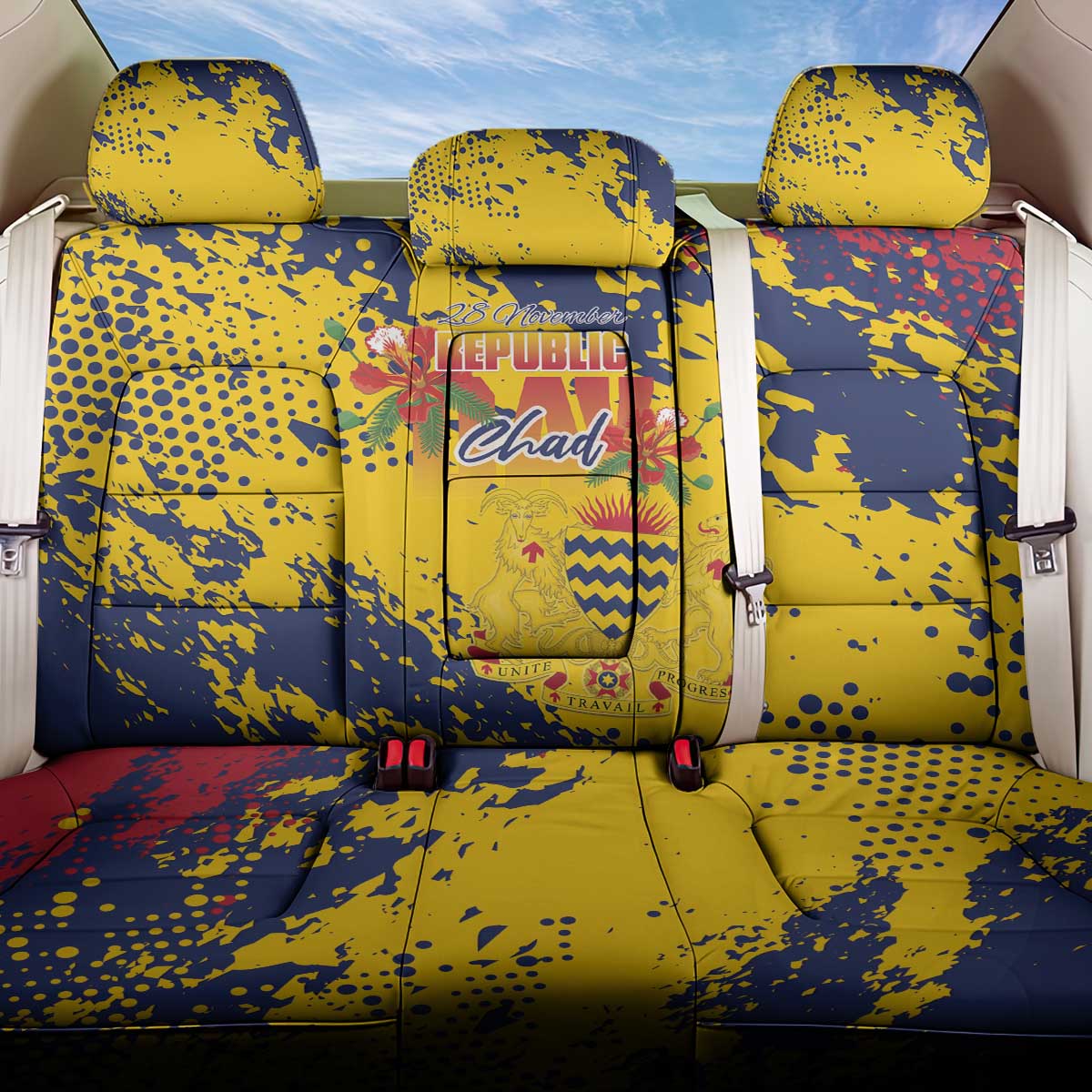 Chad Republic Day Back Car Seat Cover Coat Of Arms - Grunge Style - Wonder Print Shop