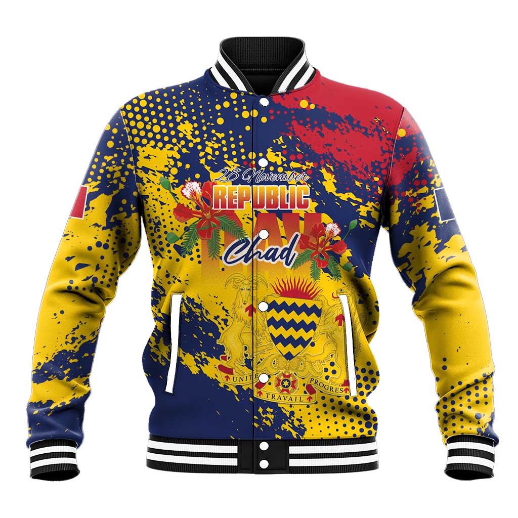 Personalized Chad Republic Day Baseball Jacket Coat Of Arms - Grunge Style - Wonder Print Shop