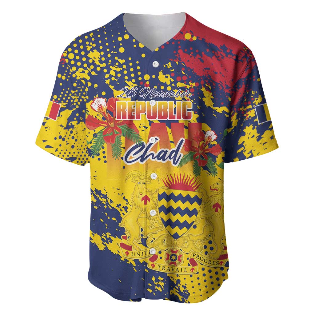 Personalized Chad Republic Day Baseball Jersey Coat Of Arms - Grunge Style - Wonder Print Shop