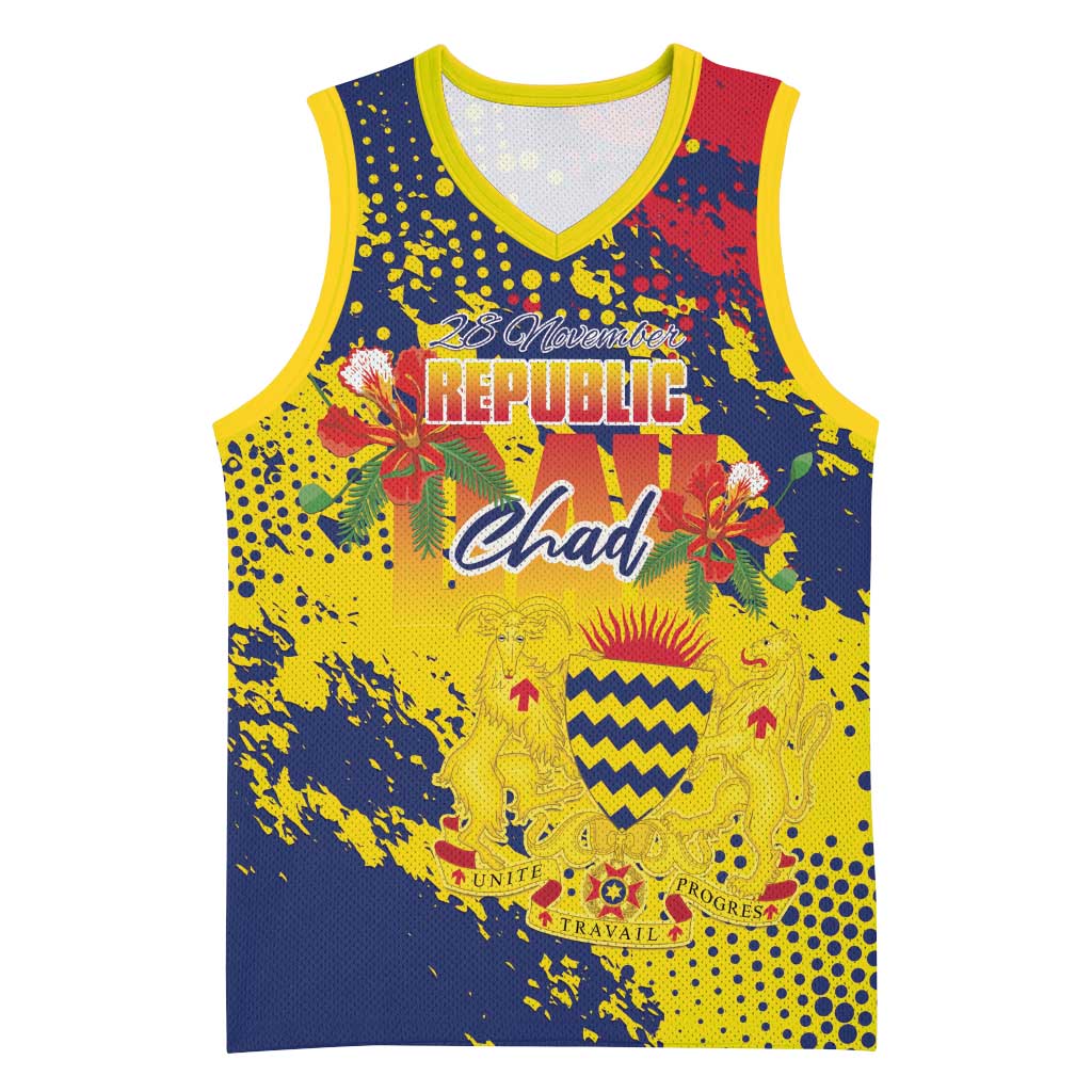 Personalized Chad Republic Day Basketball Jersey Coat Of Arms - Grunge Style - Wonder Print Shop
