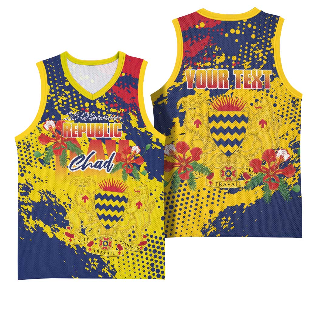 Personalized Chad Republic Day Basketball Jersey Coat Of Arms - Grunge Style - Wonder Print Shop
