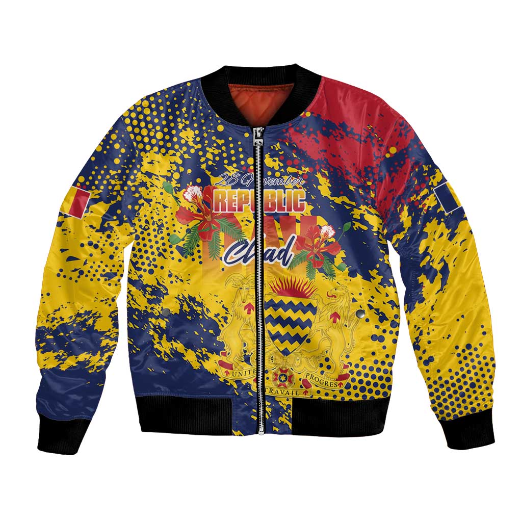 Personalized Chad Republic Day Bomber Jacket Coat Of Arms - Grunge Style - Wonder Print Shop