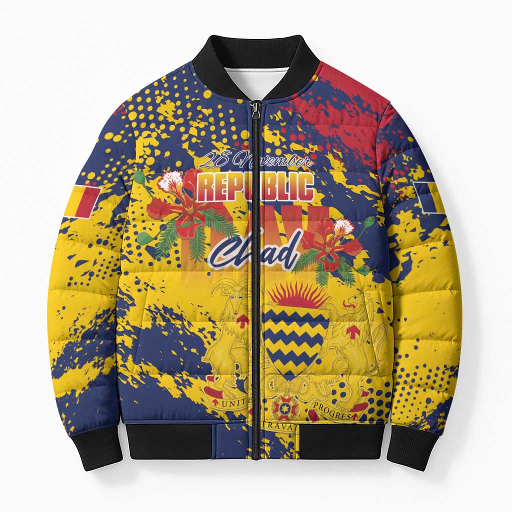 Personalized Chad Republic Day Bomber Puffer Jacket Coat Of Arms - Grunge Style - Wonder Print Shop