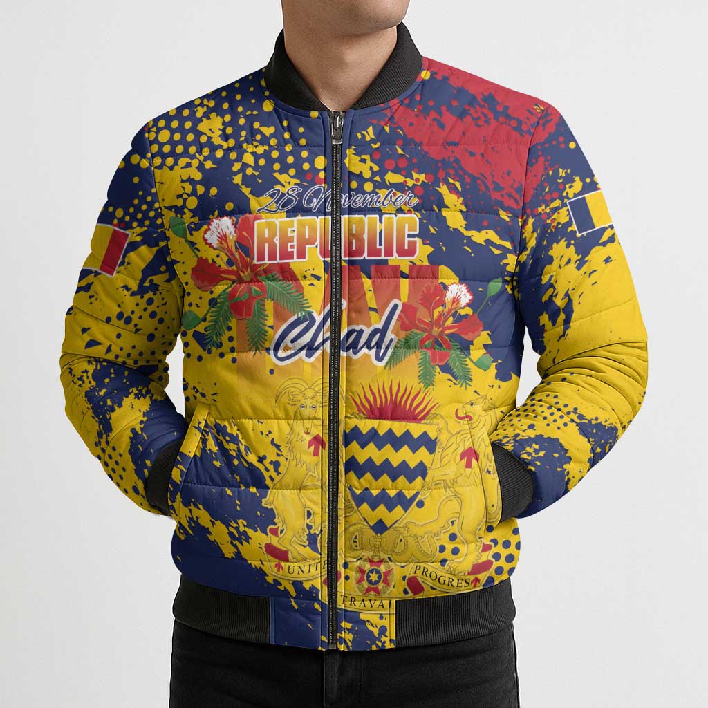 Personalized Chad Republic Day Bomber Puffer Jacket Coat Of Arms - Grunge Style - Wonder Print Shop