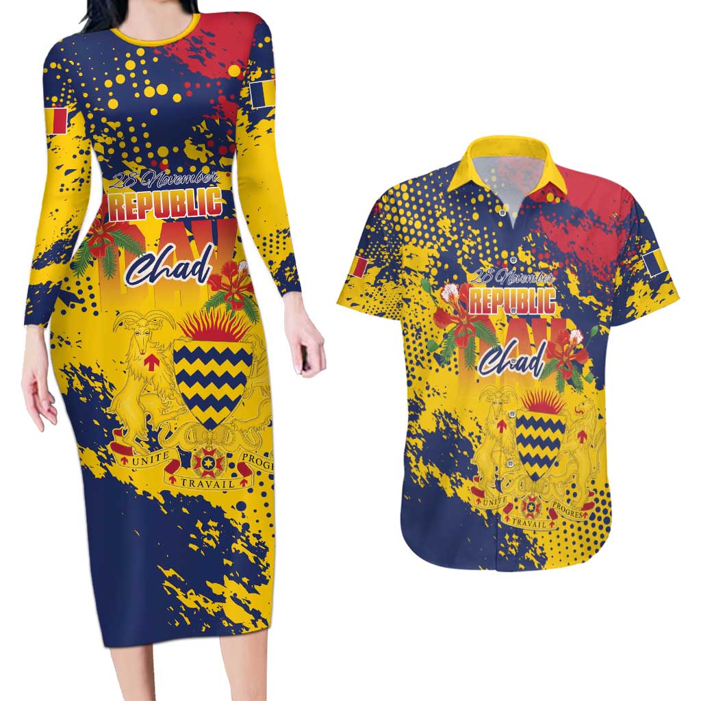 Personalized Chad Republic Day Couples Matching Long Sleeve Bodycon Dress and Hawaiian Shirt Coat Of Arms - Grunge Style - Wonder Print Shop