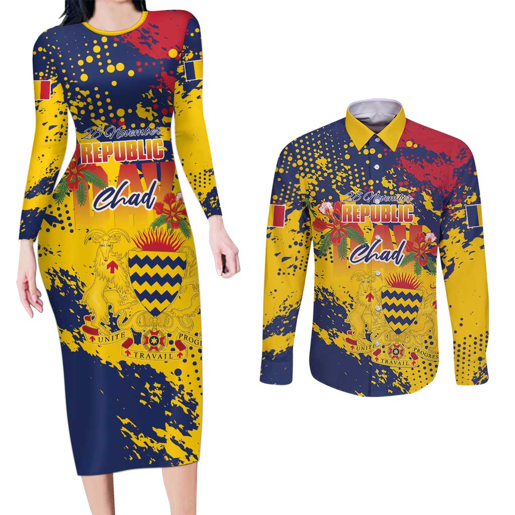 Personalized Chad Republic Day Couples Matching Long Sleeve Bodycon Dress and Long Sleeve Button Shirt Coat Of Arms - Grunge Style - Wonder Print Shop