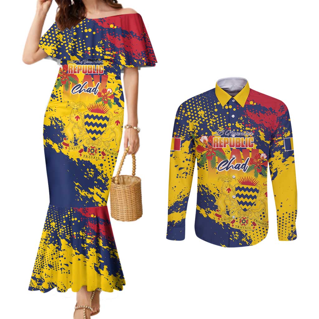 Personalized Chad Republic Day Couples Matching Mermaid Dress and Long Sleeve Button Shirt Coat Of Arms - Grunge Style - Wonder Print Shop