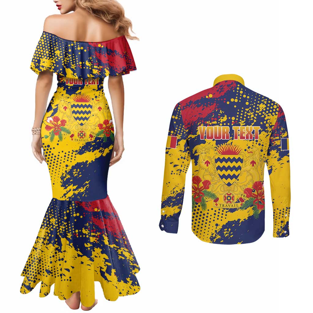 Personalized Chad Republic Day Couples Matching Mermaid Dress and Long Sleeve Button Shirt Coat Of Arms - Grunge Style - Wonder Print Shop