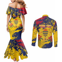 Personalized Chad Republic Day Couples Matching Mermaid Dress and Long Sleeve Button Shirt Coat Of Arms - Grunge Style - Wonder Print Shop