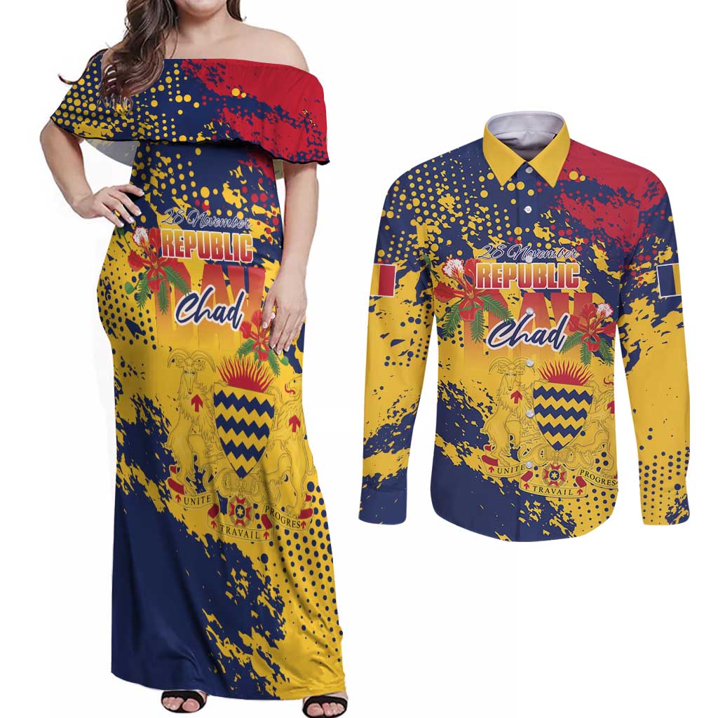 Personalized Chad Republic Day Couples Matching Off Shoulder Maxi Dress and Long Sleeve Button Shirt Coat Of Arms - Grunge Style - Wonder Print Shop