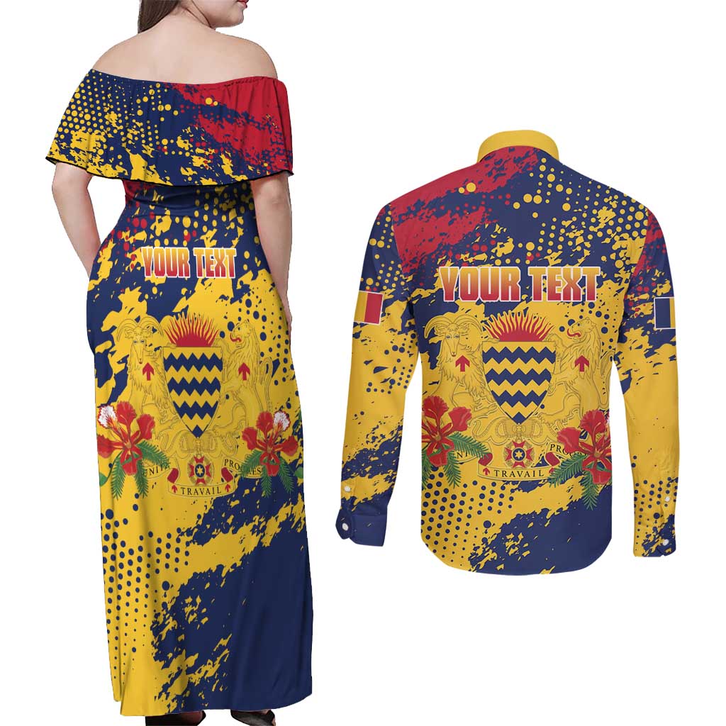 Personalized Chad Republic Day Couples Matching Off Shoulder Maxi Dress and Long Sleeve Button Shirt Coat Of Arms - Grunge Style - Wonder Print Shop
