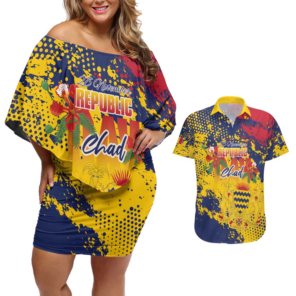 Personalized Chad Republic Day Couples Matching Off Shoulder Short Dress and Hawaiian Shirt Coat Of Arms - Grunge Style - Wonder Print Shop