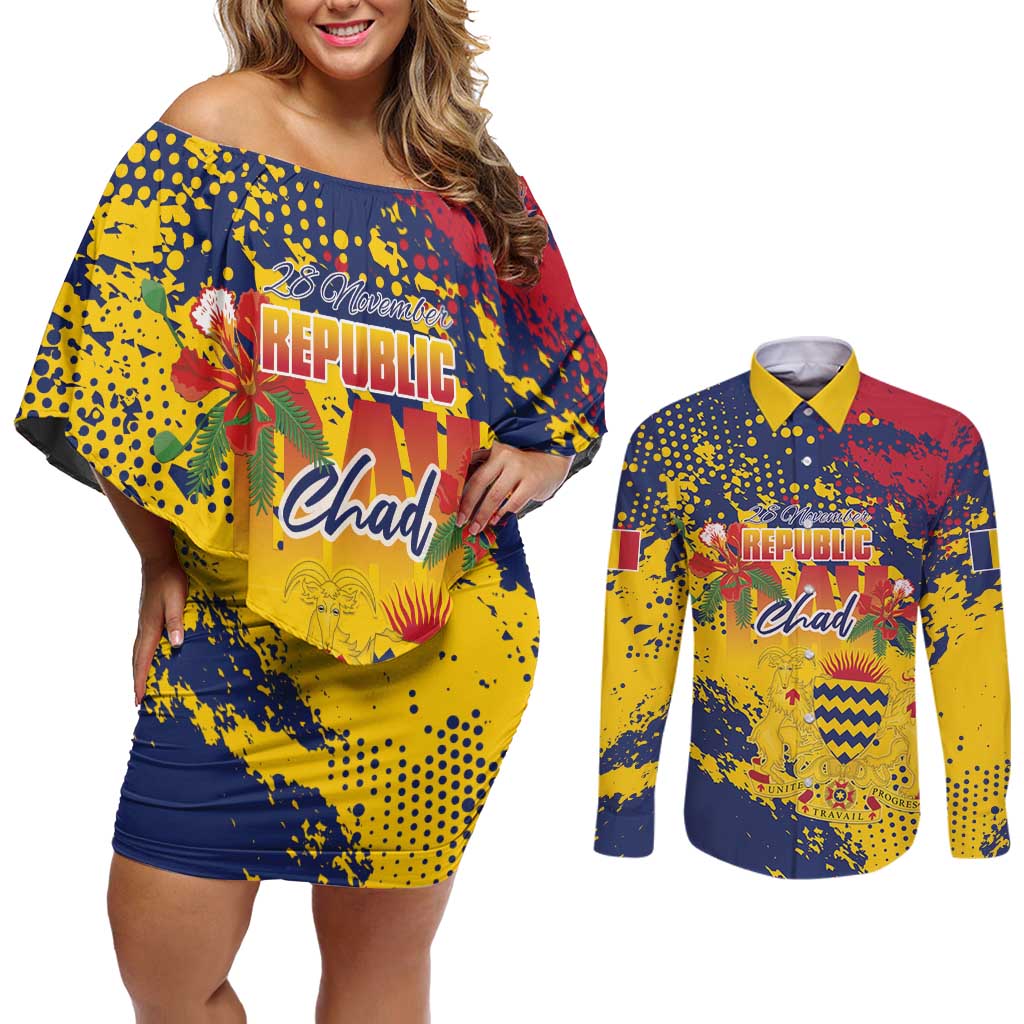 Personalized Chad Republic Day Couples Matching Off Shoulder Short Dress and Long Sleeve Button Shirt Coat Of Arms - Grunge Style - Wonder Print Shop