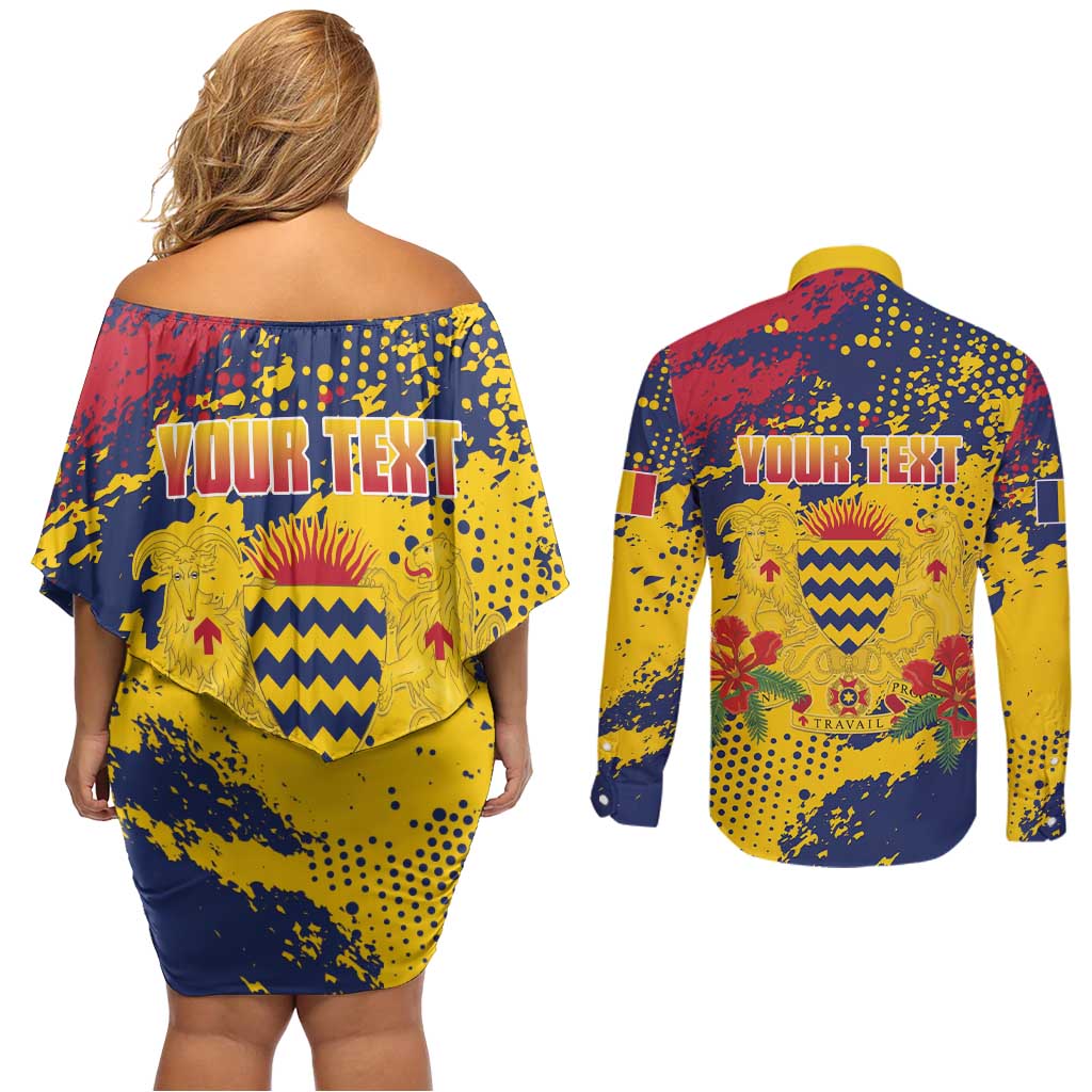 Personalized Chad Republic Day Couples Matching Off Shoulder Short Dress and Long Sleeve Button Shirt Coat Of Arms - Grunge Style - Wonder Print Shop