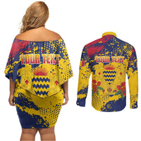 Personalized Chad Republic Day Couples Matching Off Shoulder Short Dress and Long Sleeve Button Shirt Coat Of Arms - Grunge Style - Wonder Print Shop