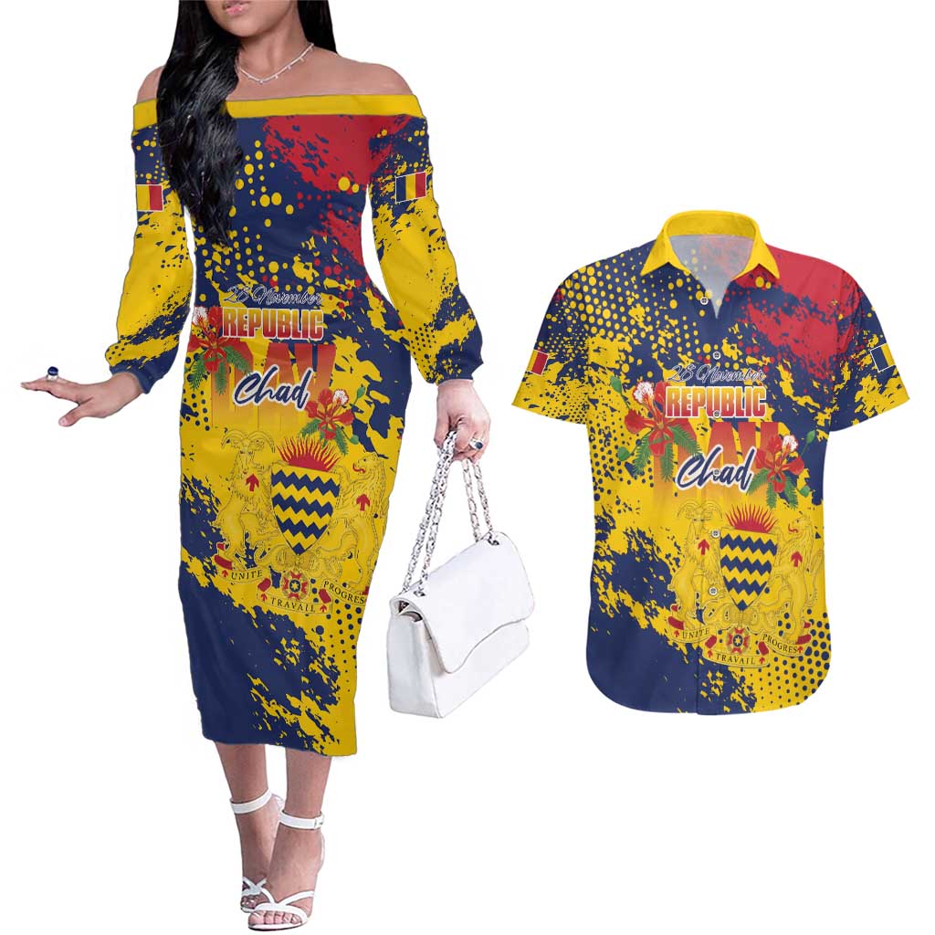 Personalized Chad Republic Day Couples Matching Off The Shoulder Long Sleeve Dress and Hawaiian Shirt Coat Of Arms - Grunge Style - Wonder Print Shop