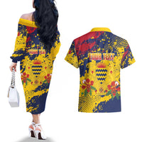 Personalized Chad Republic Day Couples Matching Off The Shoulder Long Sleeve Dress and Hawaiian Shirt Coat Of Arms - Grunge Style - Wonder Print Shop